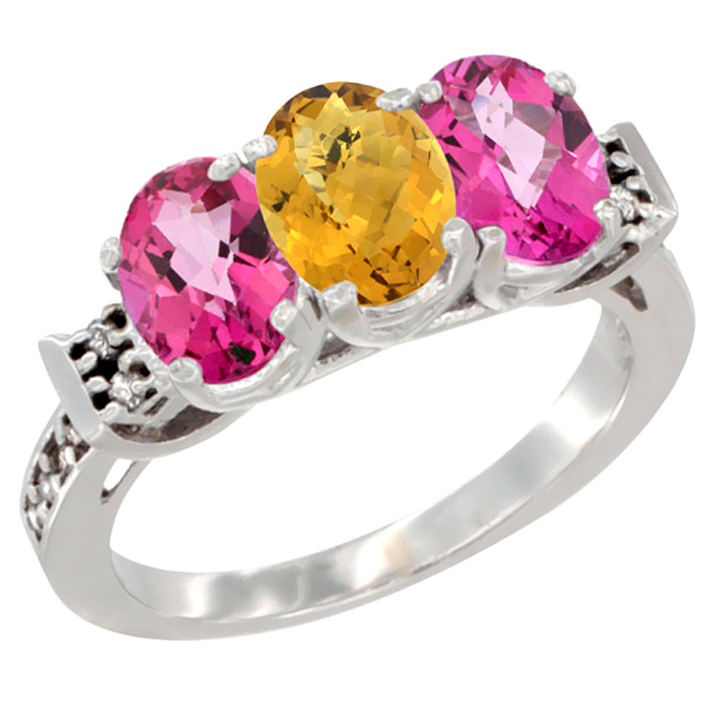 14K White Gold Natural Whisky Quartz & Pink Topaz Sides Ring 3-Stone Oval 7x5 mm Diamond Accent, sizes 5 - 10