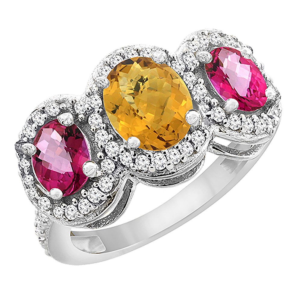 14K White Gold Natural Whisky Quartz & Pink Topaz 3-Stone Ring Oval Diamond Accent, sizes 5 - 10