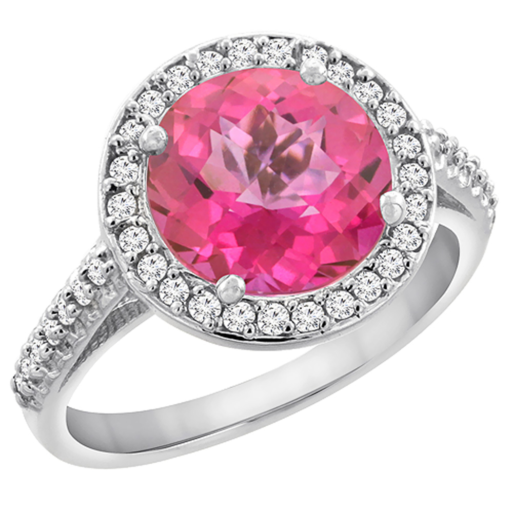 14K White Gold Natural Pink Topaz Ring Round 8mm Diamond Halo, sizes 5 to 10