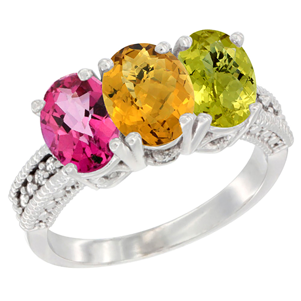 14K White Gold Natural Pink Topaz, Whisky Quartz &amp; Lemon Quartz Ring 3-Stone 7x5 mm Oval Diamond Accent, sizes 5 - 10