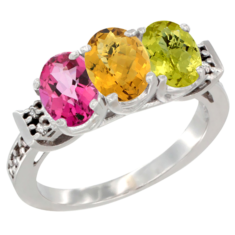 10K White Gold Natural Pink Topaz, Whisky Quartz & Lemon Quartz Ring 3-Stone Oval 7x5 mm Diamond Accent, sizes 5 - 10