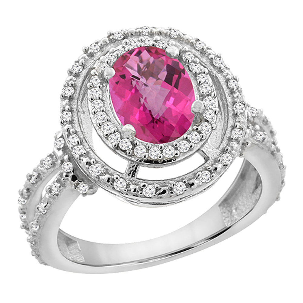 10K White Gold Natural Pink Topaz Ring Oval 8x6 mm Double Halo Diamond, sizes 5 - 10