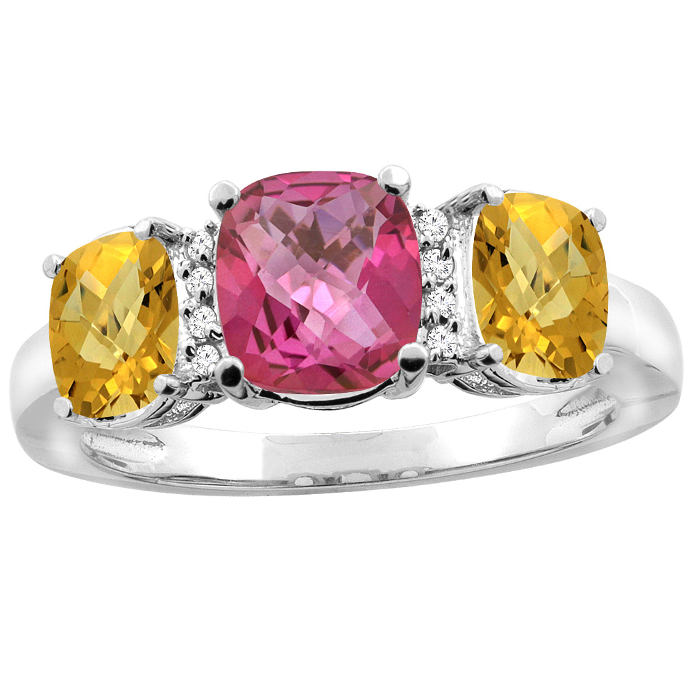 14K White Gold Natural Pink Topaz &amp; Whisky Quartz 3-stone Ring Cushion 8x6mm Diamond Accent, sizes 5 - 10