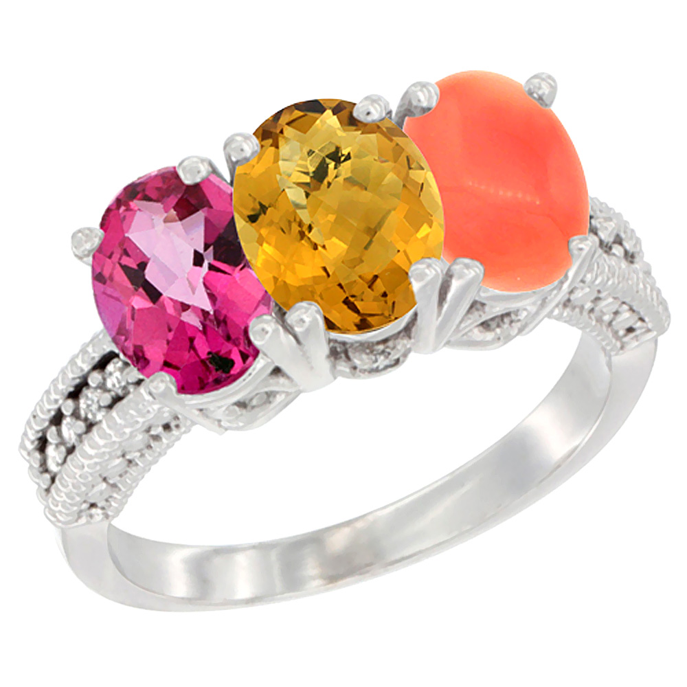 14K White Gold Natural Pink Topaz, Whisky Quartz & Coral Ring 3-Stone 7x5 mm Oval Diamond Accent, sizes 5 - 10