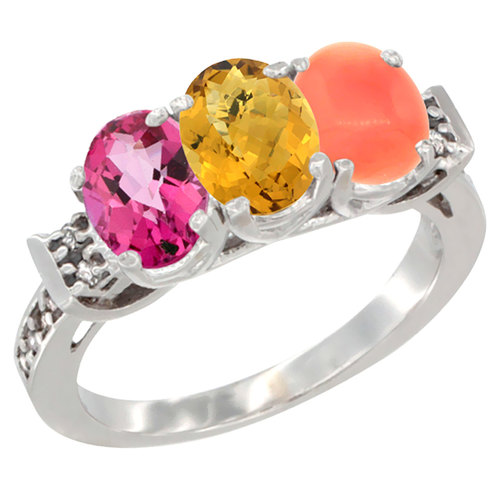 10K White Gold Natural Pink Topaz, Whisky Quartz & Coral Ring 3-Stone Oval 7x5 mm Diamond Accent, sizes 5 - 10