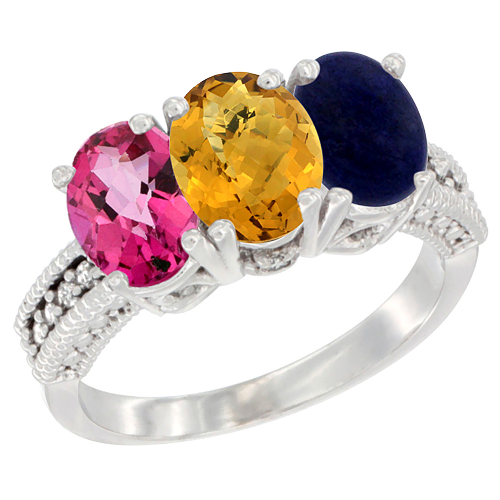 10K White Gold Natural Pink Topaz, Whisky Quartz & Lapis Ring 3-Stone Oval 7x5 mm Diamond Accent, sizes 5 - 10