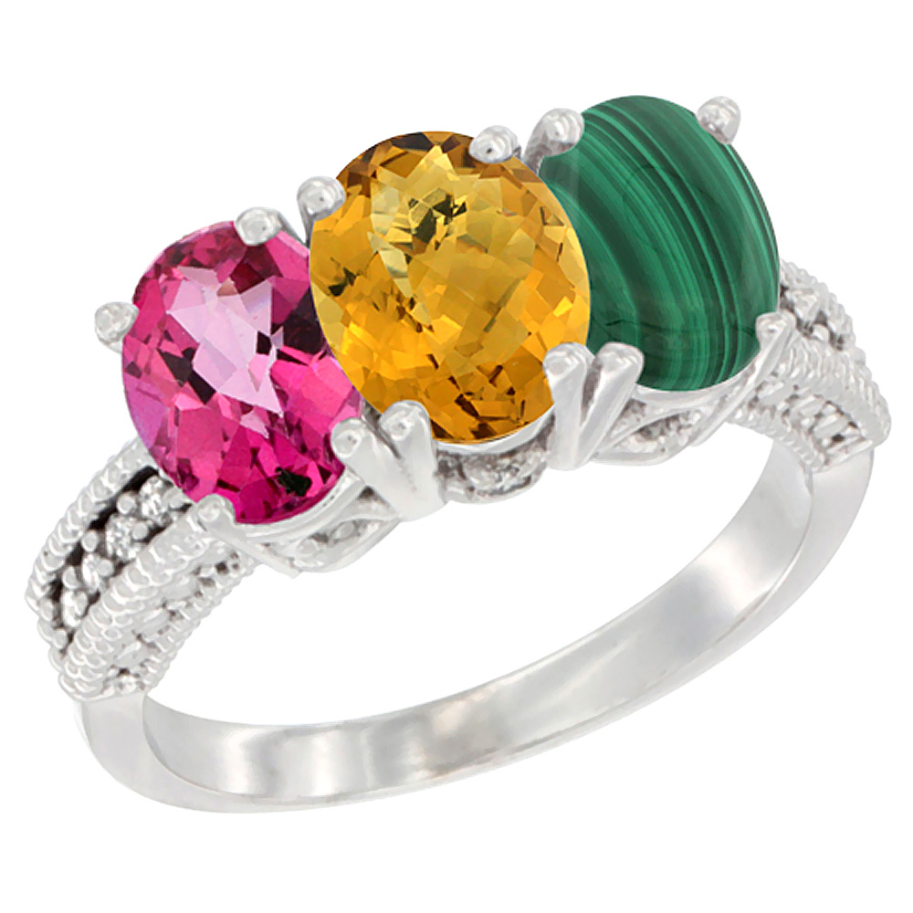 14K White Gold Natural Pink Topaz, Whisky Quartz & Malachite Ring 3-Stone 7x5 mm Oval Diamond Accent, sizes 5 - 10