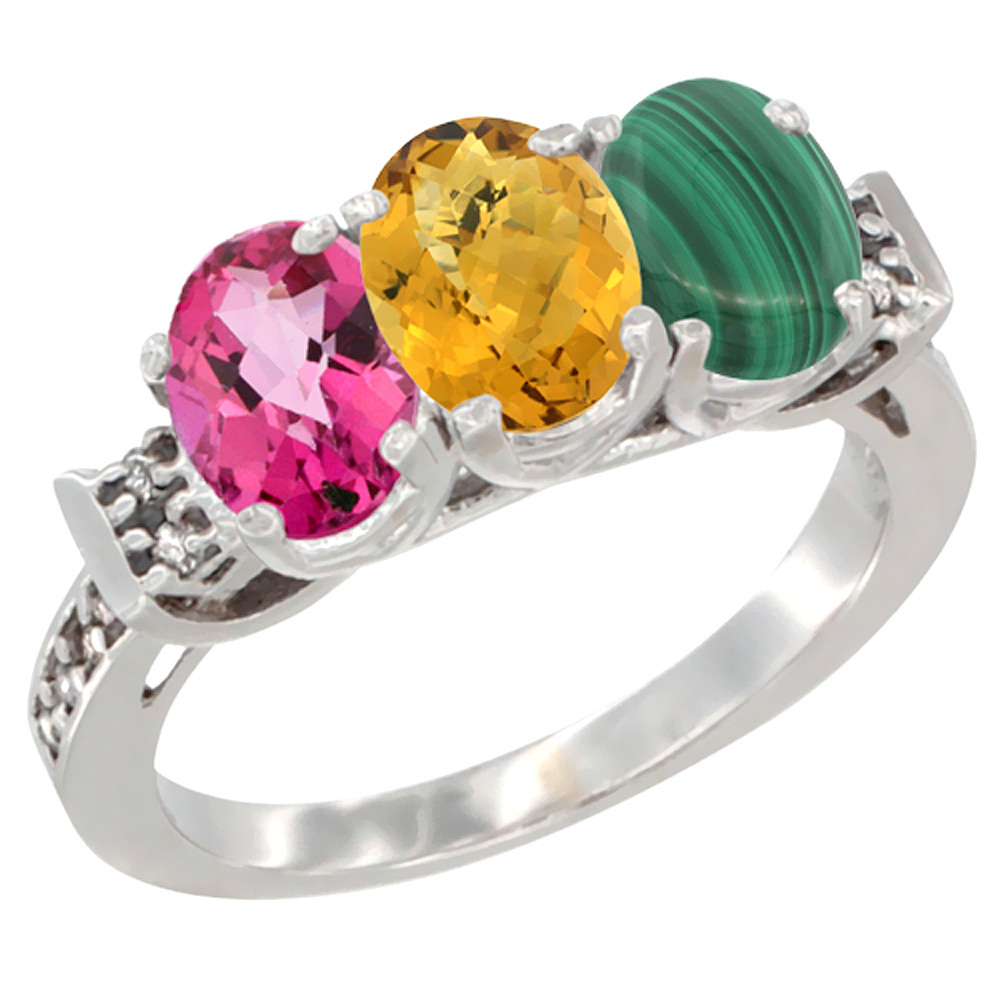 14K White Gold Natural Pink Topaz, Whisky Quartz & Malachite Ring 3-Stone Oval 7x5 mm Diamond Accent, sizes 5 - 10