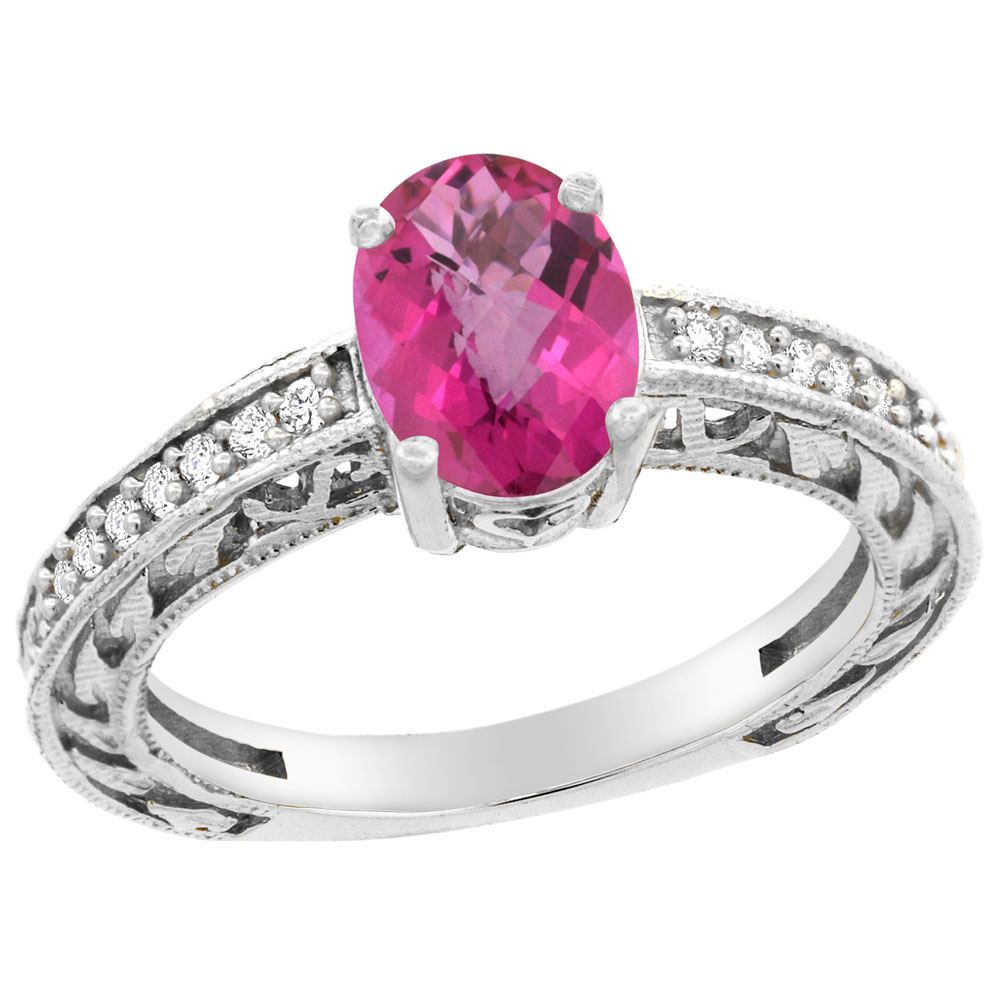 14K Gold Natural Pink Sapphire Ring Oval 8x6 mm Diamond Accents, sizes 5 - 10