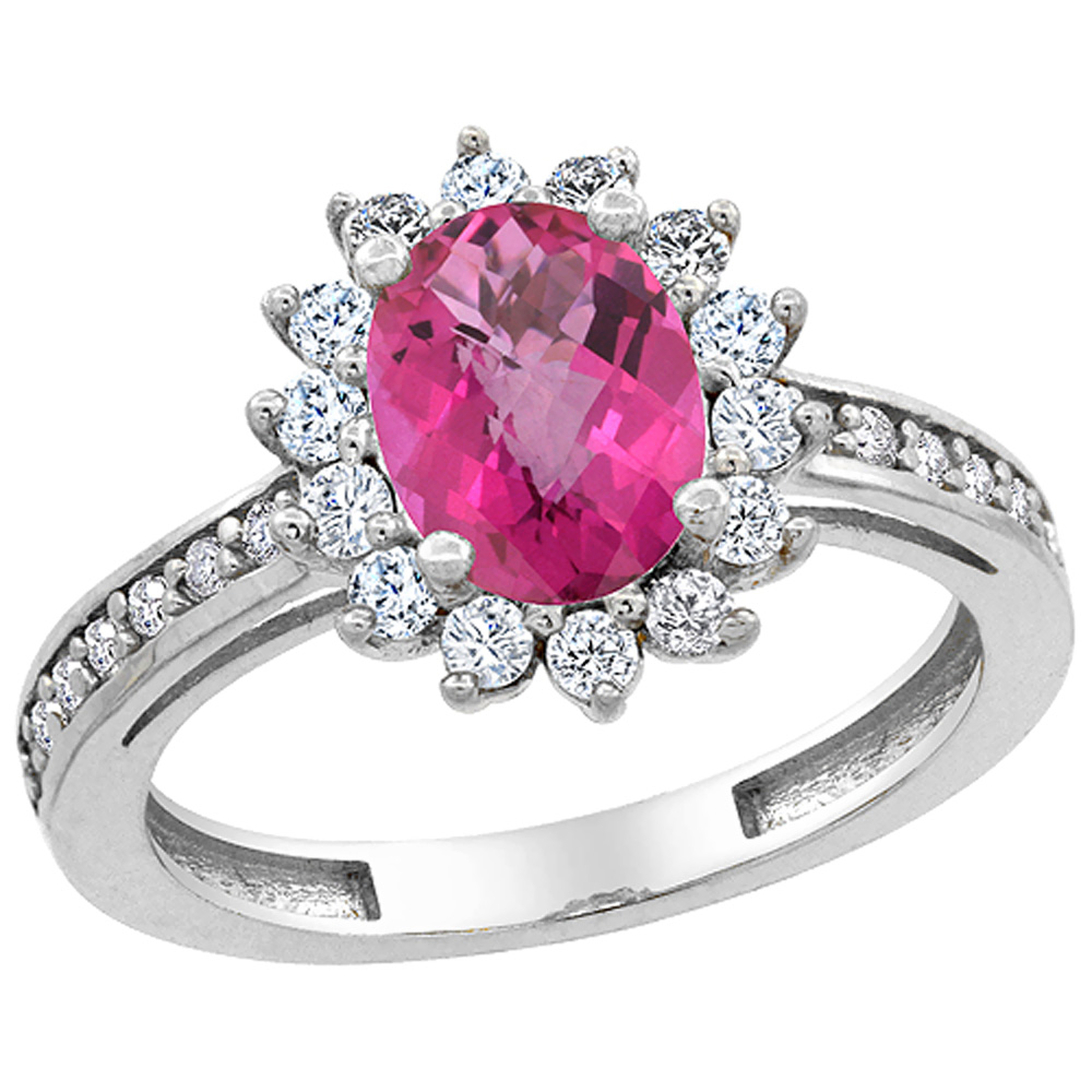 14K White Gold Natural Pink Topaz Floral Halo Ring Oval 8x6mm Diamond Accents, sizes 5 - 10