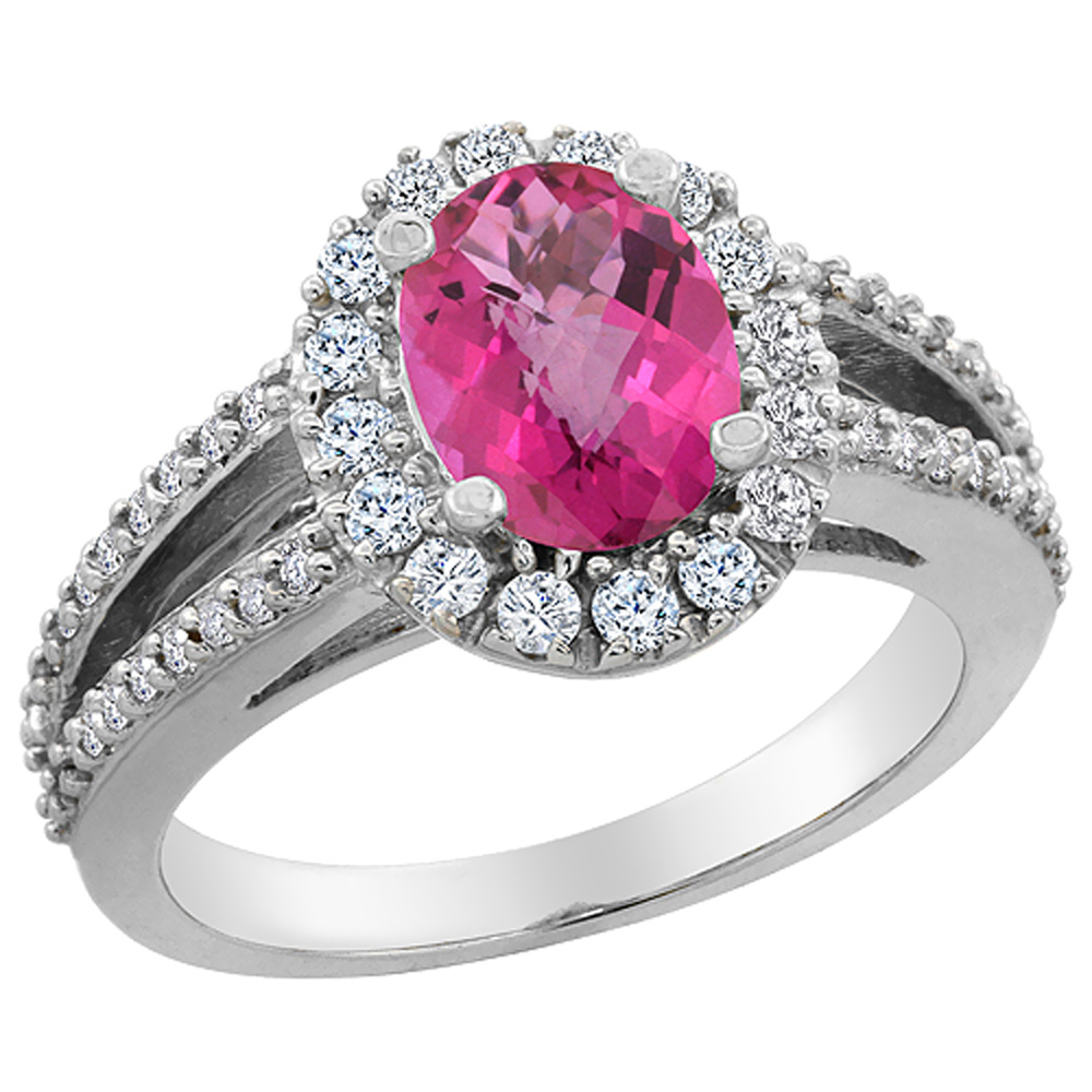 10K White Gold Natural Pink Sapphire Halo Ring Oval 8x6 mm with Diamond Accents, sizes 5 - 10