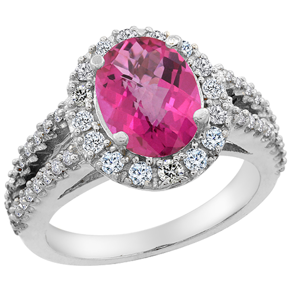 14K White Gold Diamond Natural Pink Topaz Engagement Ring Oval 10x8mm, sizes 5-10