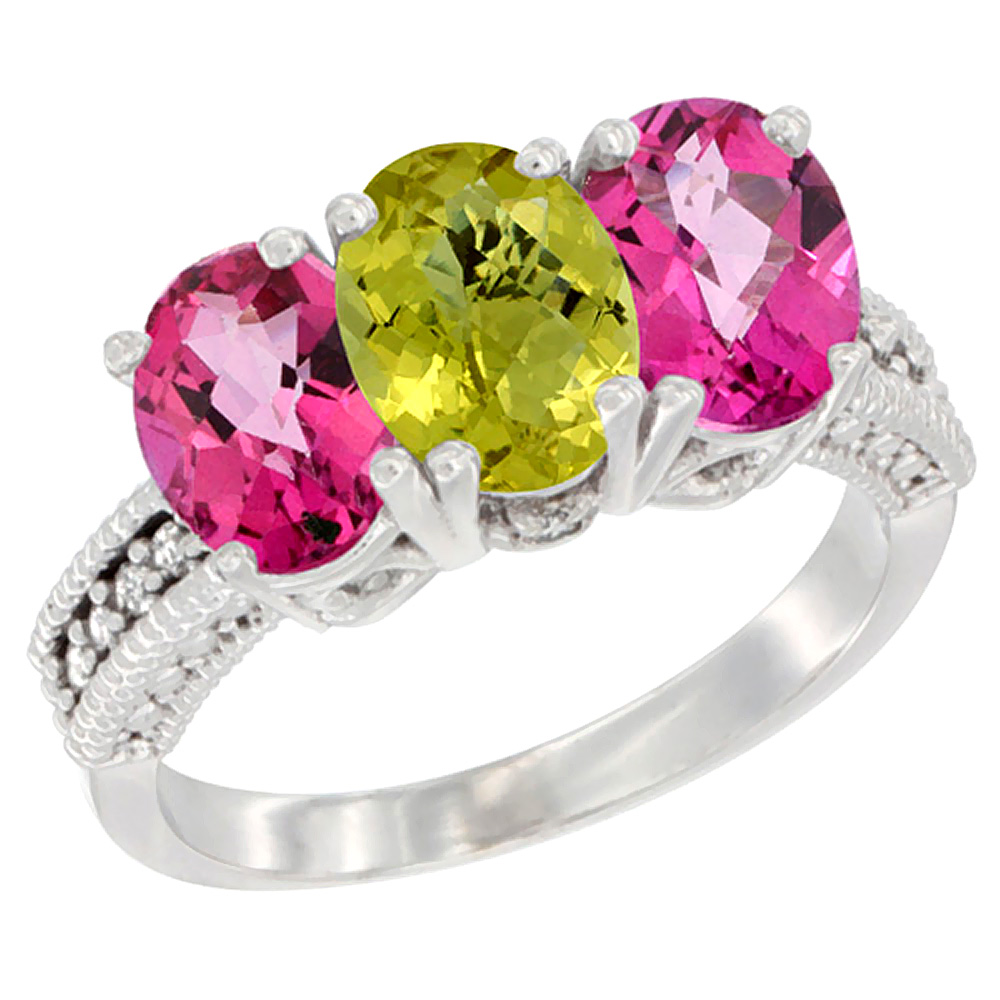 14K White Gold Natural Lemon Quartz & Pink Topaz Ring 3-Stone 7x5 mm Oval Diamond Accent, sizes 5 - 10