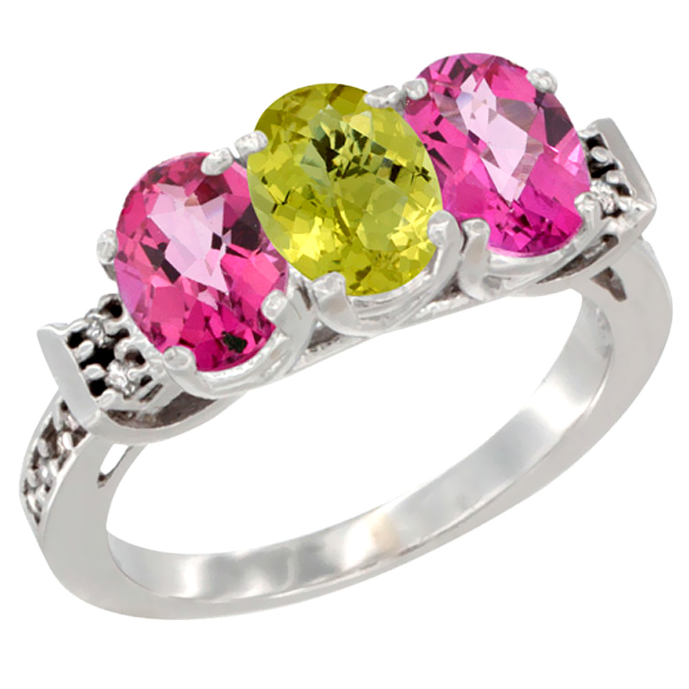 14K White Gold Natural Lemon Quartz & Pink Topaz Sides Ring 3-Stone Oval 7x5 mm Diamond Accent, sizes 5 - 10