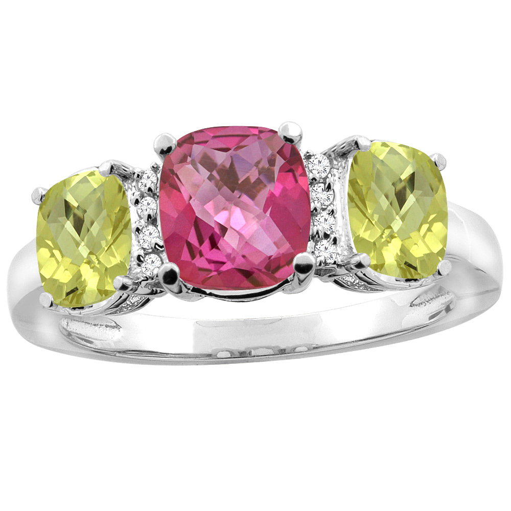 14K White Gold Natural Pink Topaz & Lemon Quartz 3-stone Ring Cushion 8x6mm Diamond Accent, sizes 5 - 10