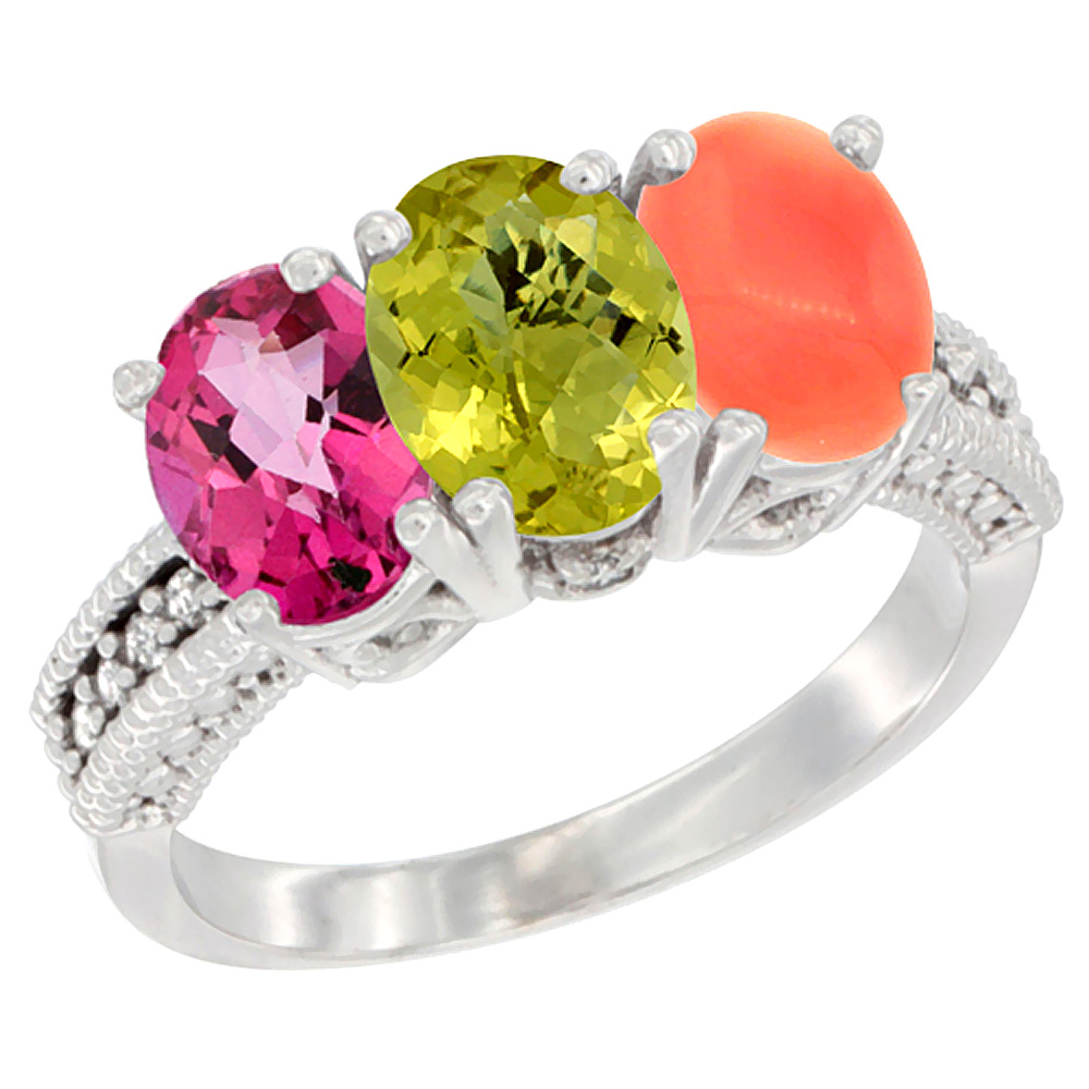 14K White Gold Natural Pink Topaz, Lemon Quartz & Coral Ring 3-Stone 7x5 mm Oval Diamond Accent, sizes 5 - 10