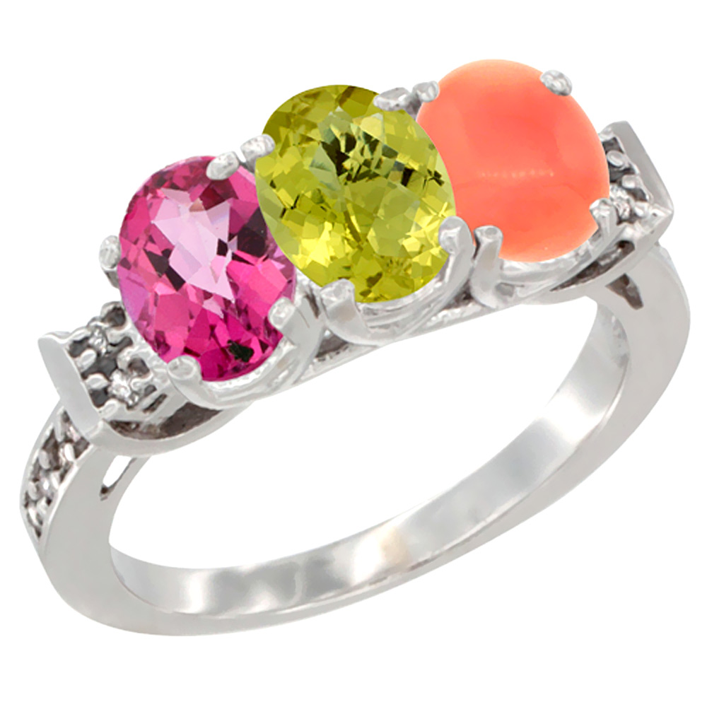 14K White Gold Natural Pink Topaz, Lemon Quartz &amp; Coral Ring 3-Stone Oval 7x5 mm Diamond Accent, sizes 5 - 10