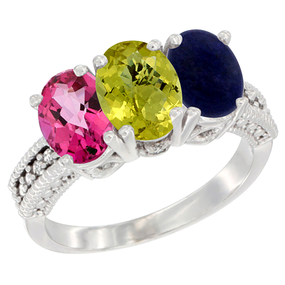 14K White Gold Natural Pink Topaz, Lemon Quartz & Lapis Ring 3-Stone 7x5 mm Oval Diamond Accent, sizes 5 - 10