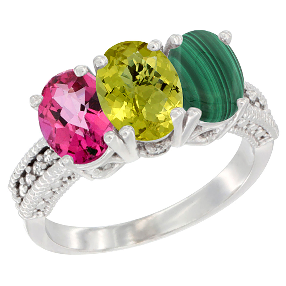 14K White Gold Natural Pink Topaz, Lemon Quartz & Malachite Ring 3-Stone 7x5 mm Oval Diamond Accent, sizes 5 - 10