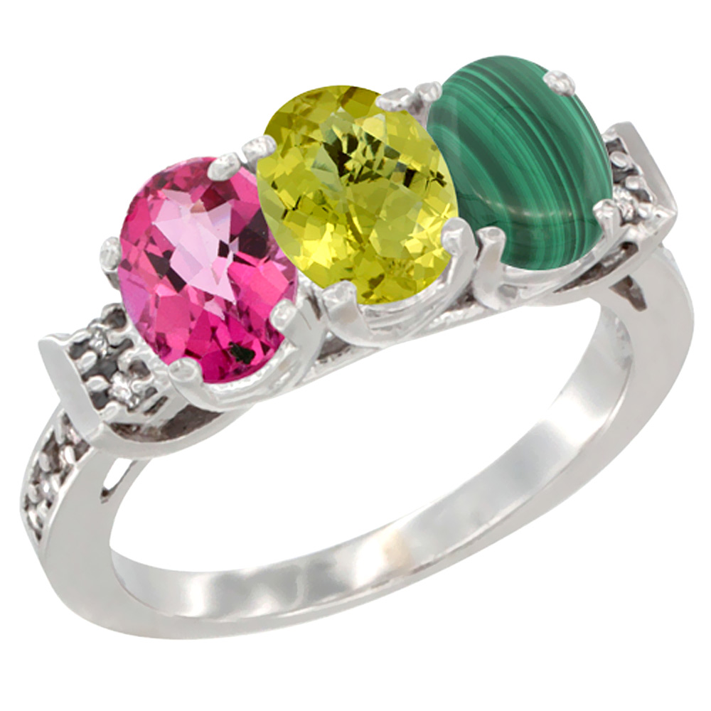 10K White Gold Natural Pink Topaz, Lemon Quartz &amp; Malachite Ring 3-Stone Oval 7x5 mm Diamond Accent, sizes 5 - 10