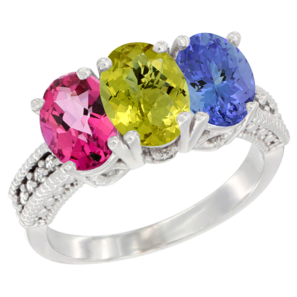 14K White Gold Natural Pink Topaz, Lemon Quartz &amp; Tanzanite Ring 3-Stone 7x5 mm Oval Diamond Accent, sizes 5 - 10