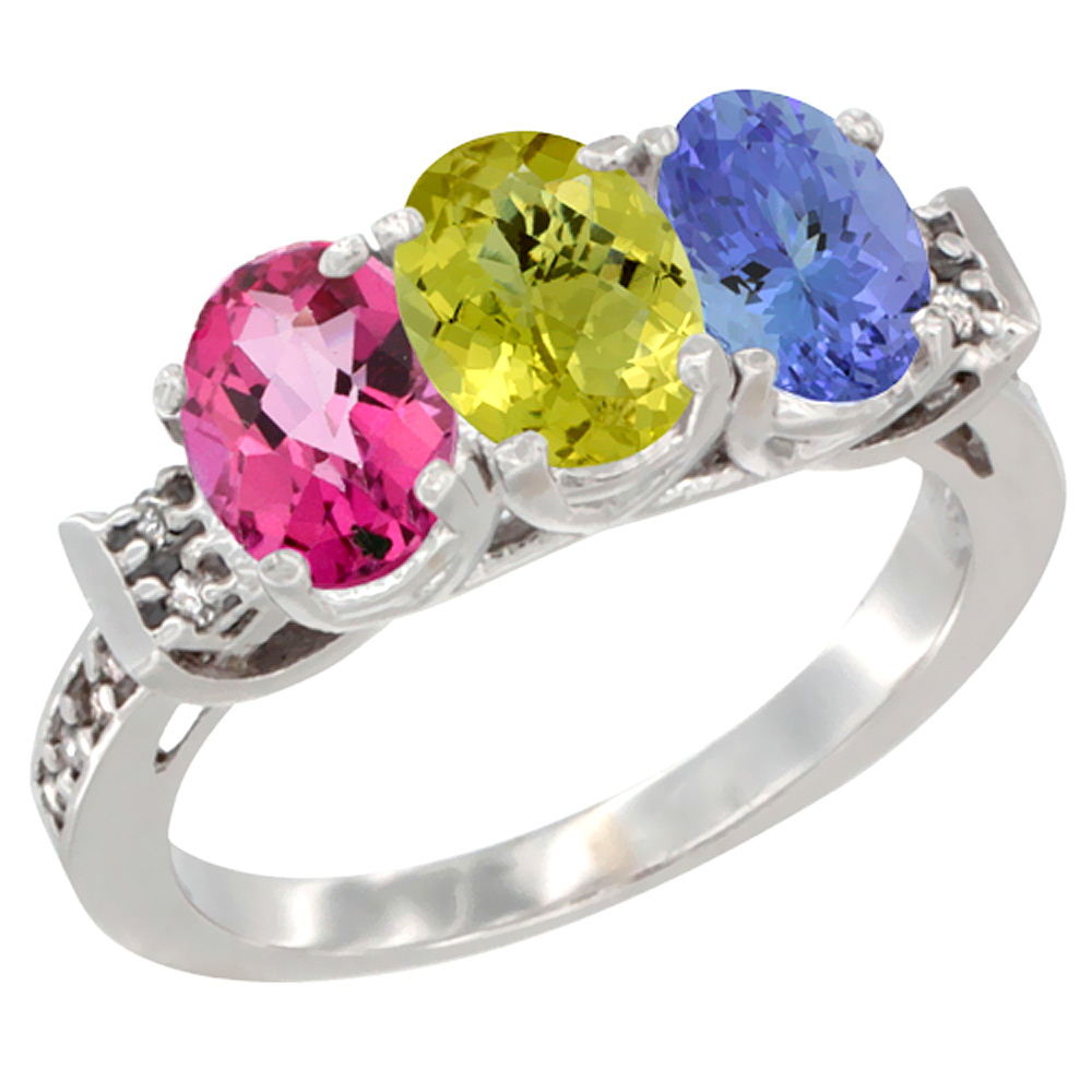 14K White Gold Natural Pink Topaz, Lemon Quartz & Tanzanite Ring 3-Stone Oval 7x5 mm Diamond Accent, sizes 5 - 10