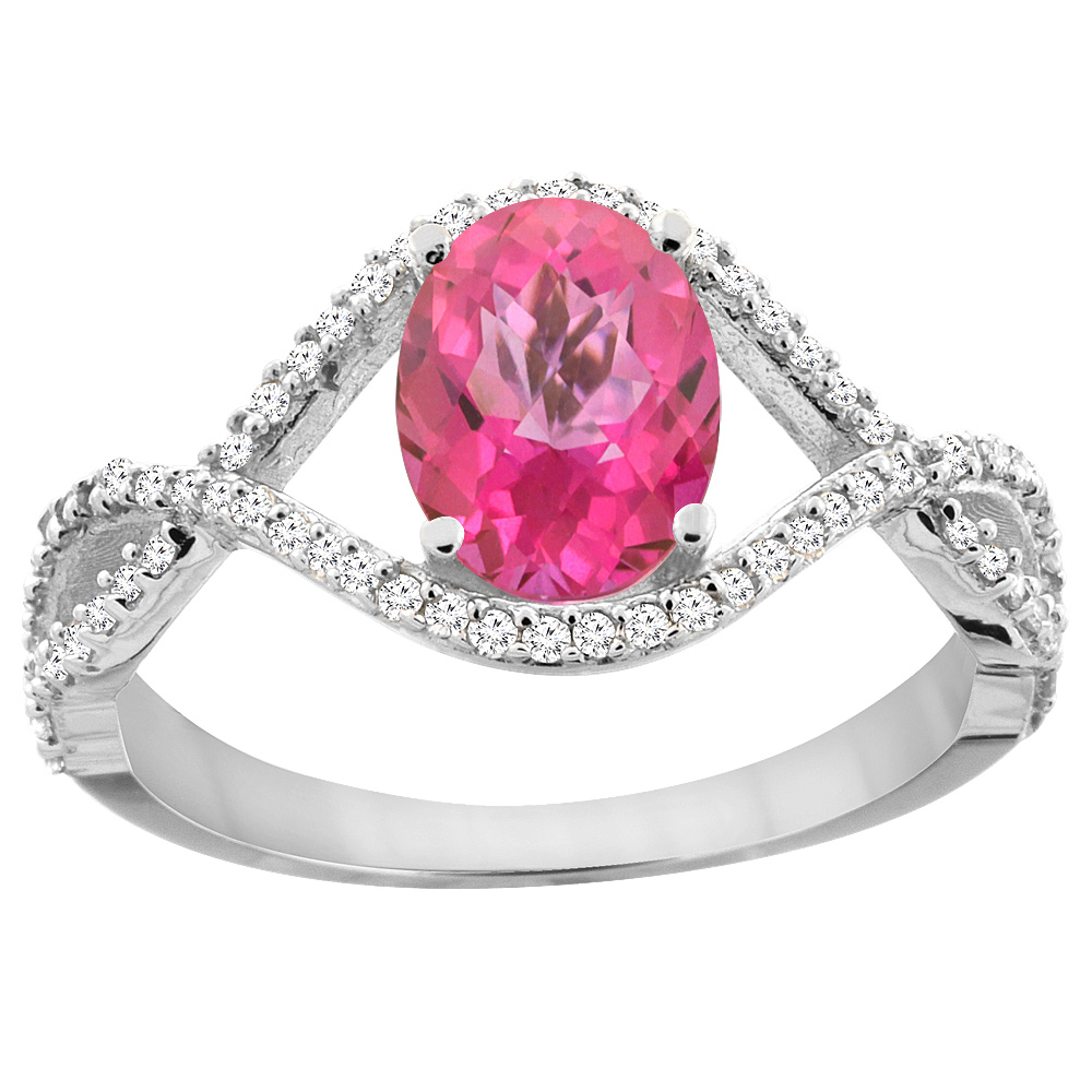 10K White Gold Natural Pink Topaz Ring Oval 8x6 mm Infinity Diamond Accents, sizes 5 - 10