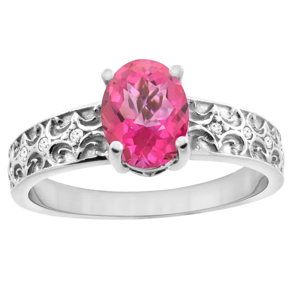 10K White Gold Natural Pink Topaz Ring Oval 8x6 mm Diamond Accents, sizes 5 - 10