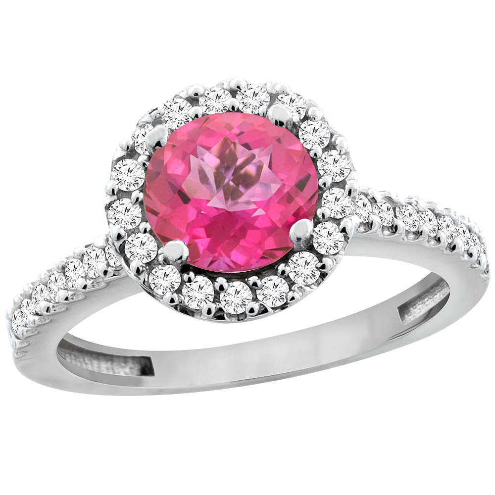 14K White Gold Natural Pink Topaz Ring Round 6mm Floating Halo Diamond, sizes 5 - 10