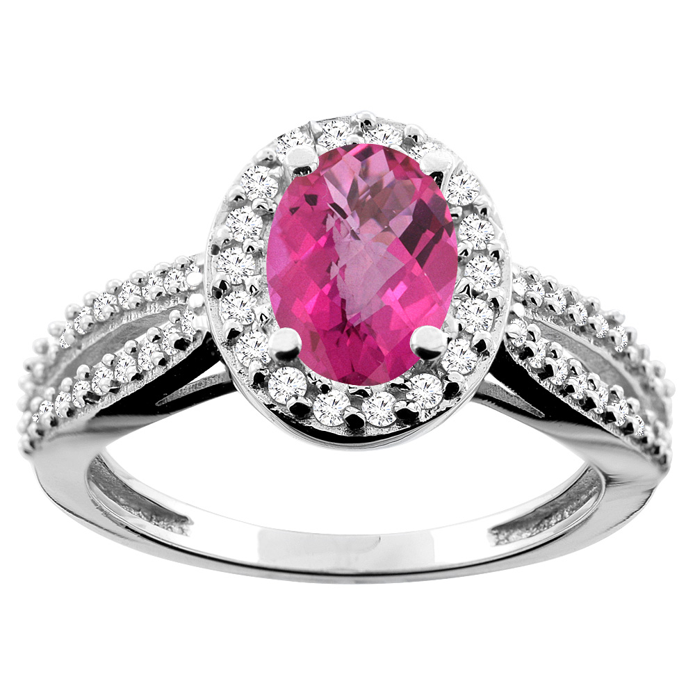 10K White/Yellow/Rose Gold Natural Pink Topaz Ring Oval 8x6mm Diamond Accent, size 5