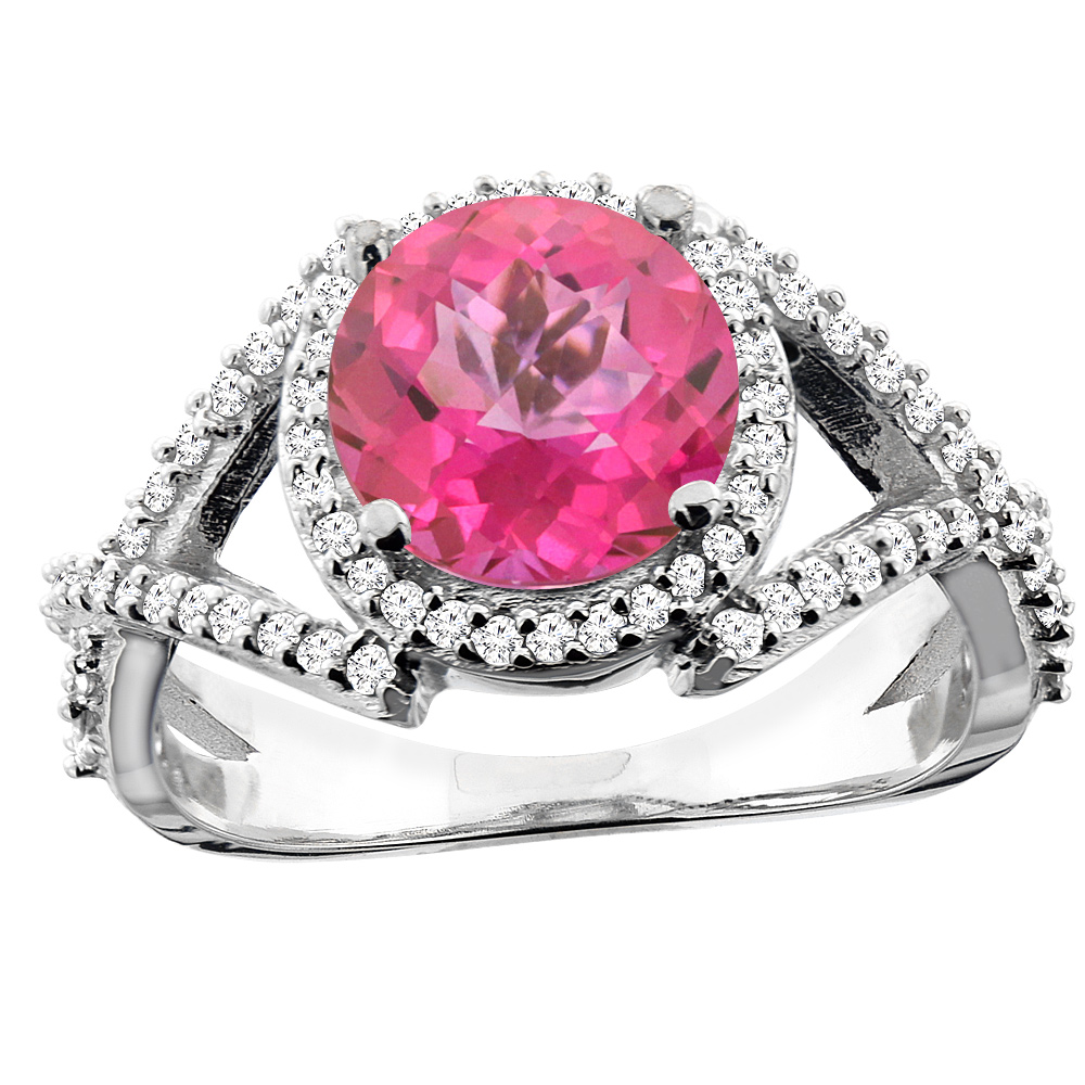 10K White/Yellow/Rose Gold Natural Pink Topaz Ring Round 8mm Diamond Accent, sizes 5 - 10