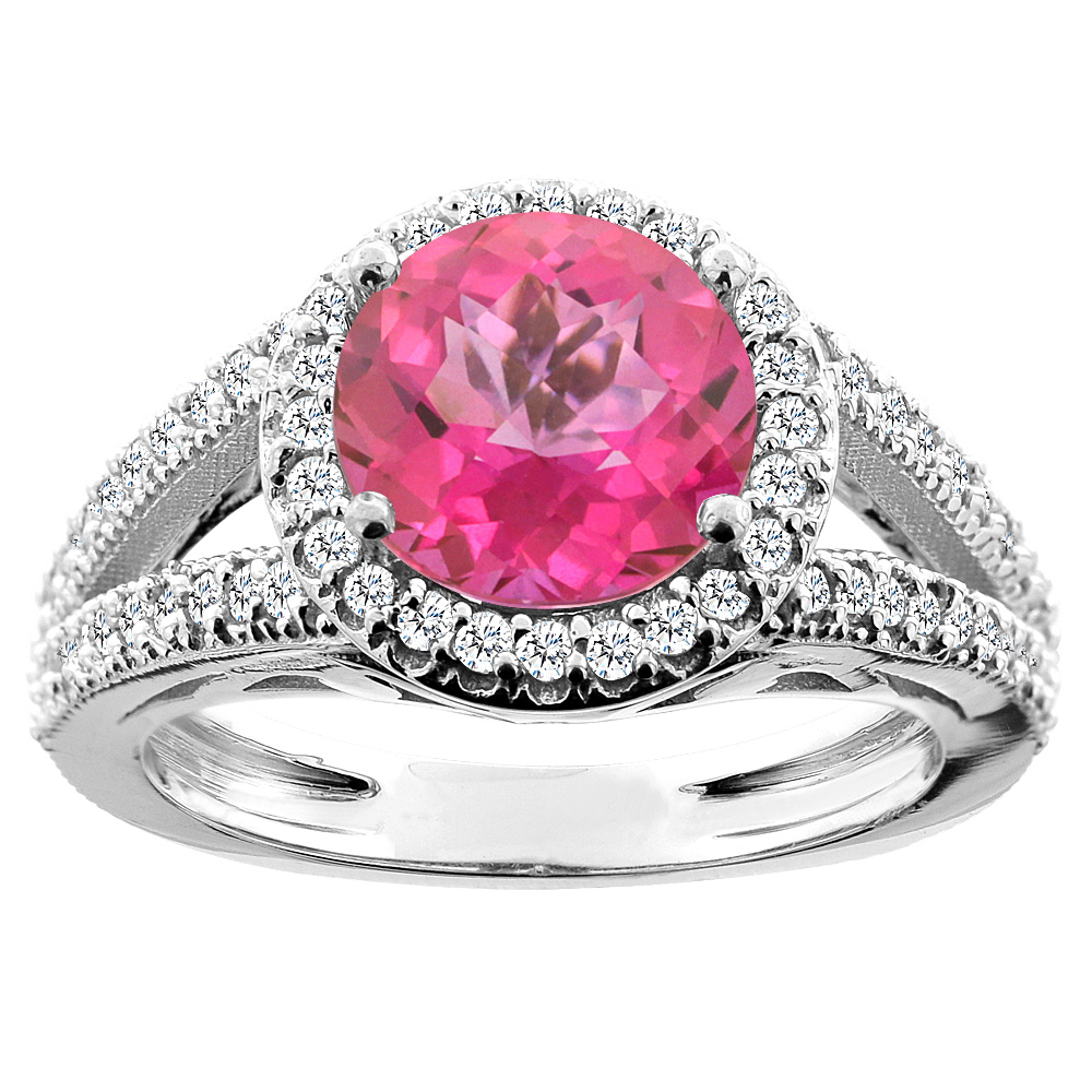 10K White/Yellow/Rose Gold Natural Pink Topaz Ring Round 8mm Diamond Accent, sizes 5 - 10