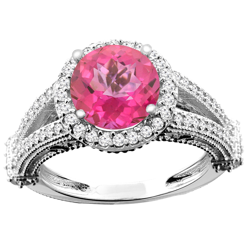 10K White/Yellow/Rose Gold Natural Pink Topaz Ring Round 8mm Diamond Accent, sizes 5 - 10