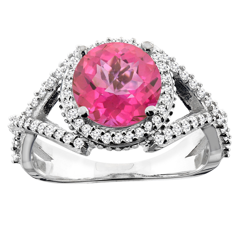 14K White/Yellow/Rose Gold Natural Pink Topaz Ring Round 8mm Diamond Accent, sizes 5 - 10