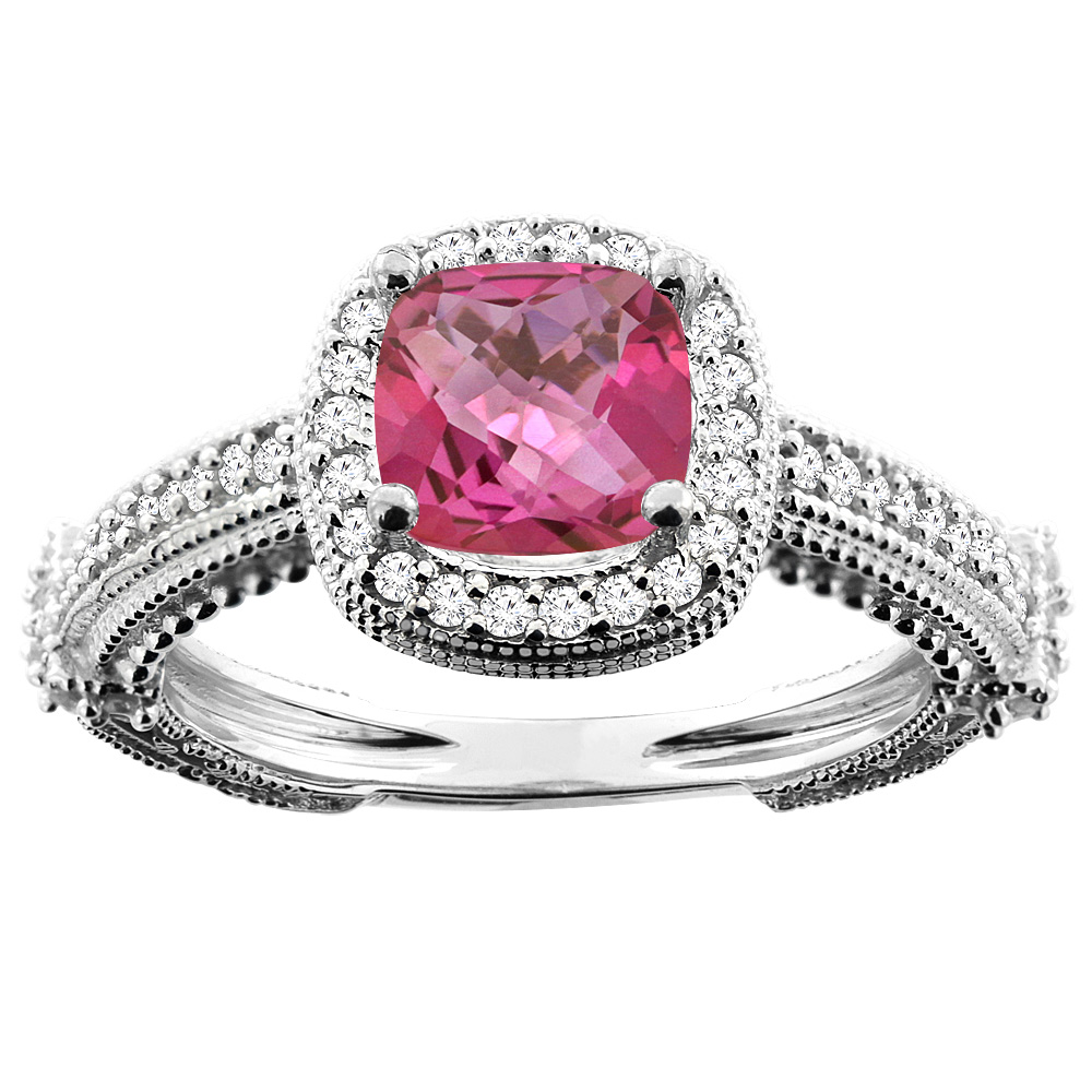 10K White/Yellow/Rose Gold Natural Pink Topaz Ring Cushion 7x7mm Diamond Accent, sizes 5 - 10