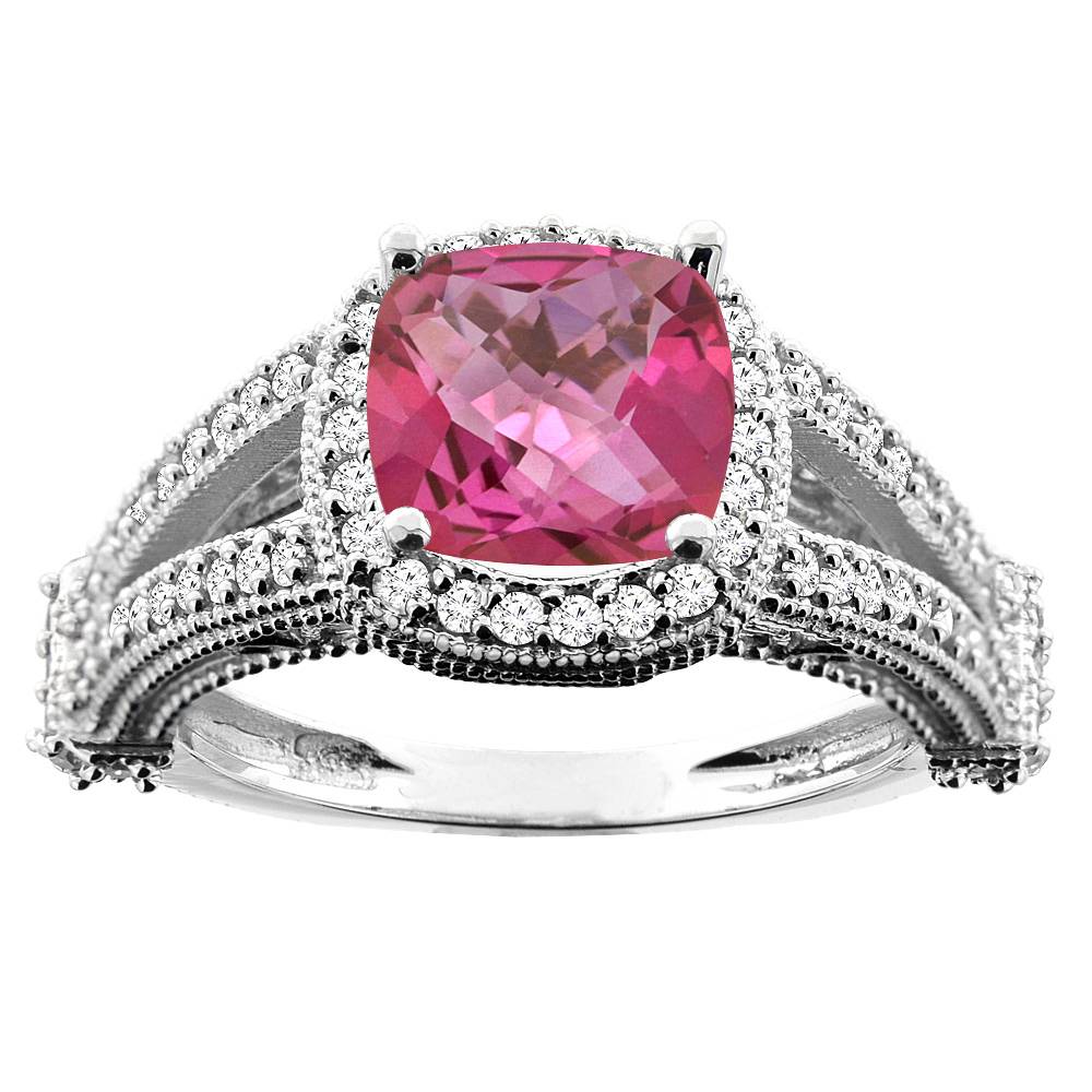 14K White/Yellow/Rose Gold Natural Pink Topaz Split Shank Ring Cushion 7x7mm Diamond Accent, sizes 5 - 10