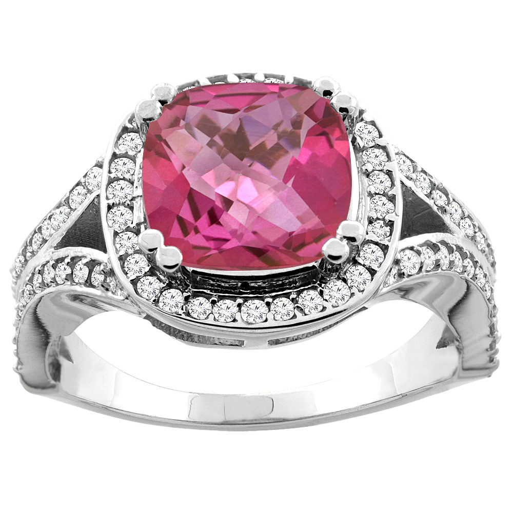 10K Yellow Gold Natural Pink Topaz Split Ring Cushion 8x8mm Diamond Accent, sizes 5 - 10