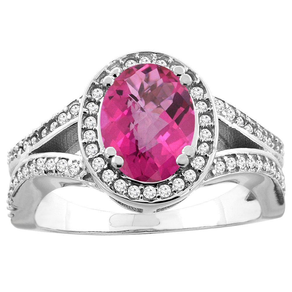 10K White/Yellow Gold Natural Pink Topaz Split Ring Oval 8x6mm Diamond Accent, sizes 5 - 10