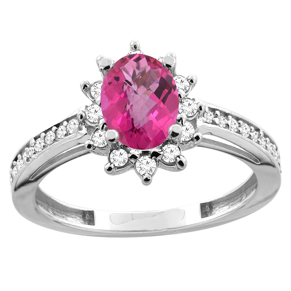 10K White/Yellow Gold Diamond Natural Pink Sapphire Floral Halo Engagement Ring Oval 7x5mm, sizes 5 - 10