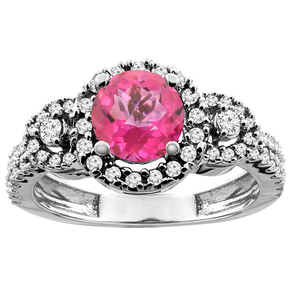 14K White/Yellow Gold Diamond Halo Natural Pink Topaz Ring Round 6mm, sizes 5 - 10