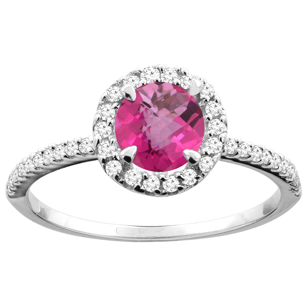 10K Gold Natural Pink Topaz Ring Round 6mm Diamond Accents, sizes 5 - 10