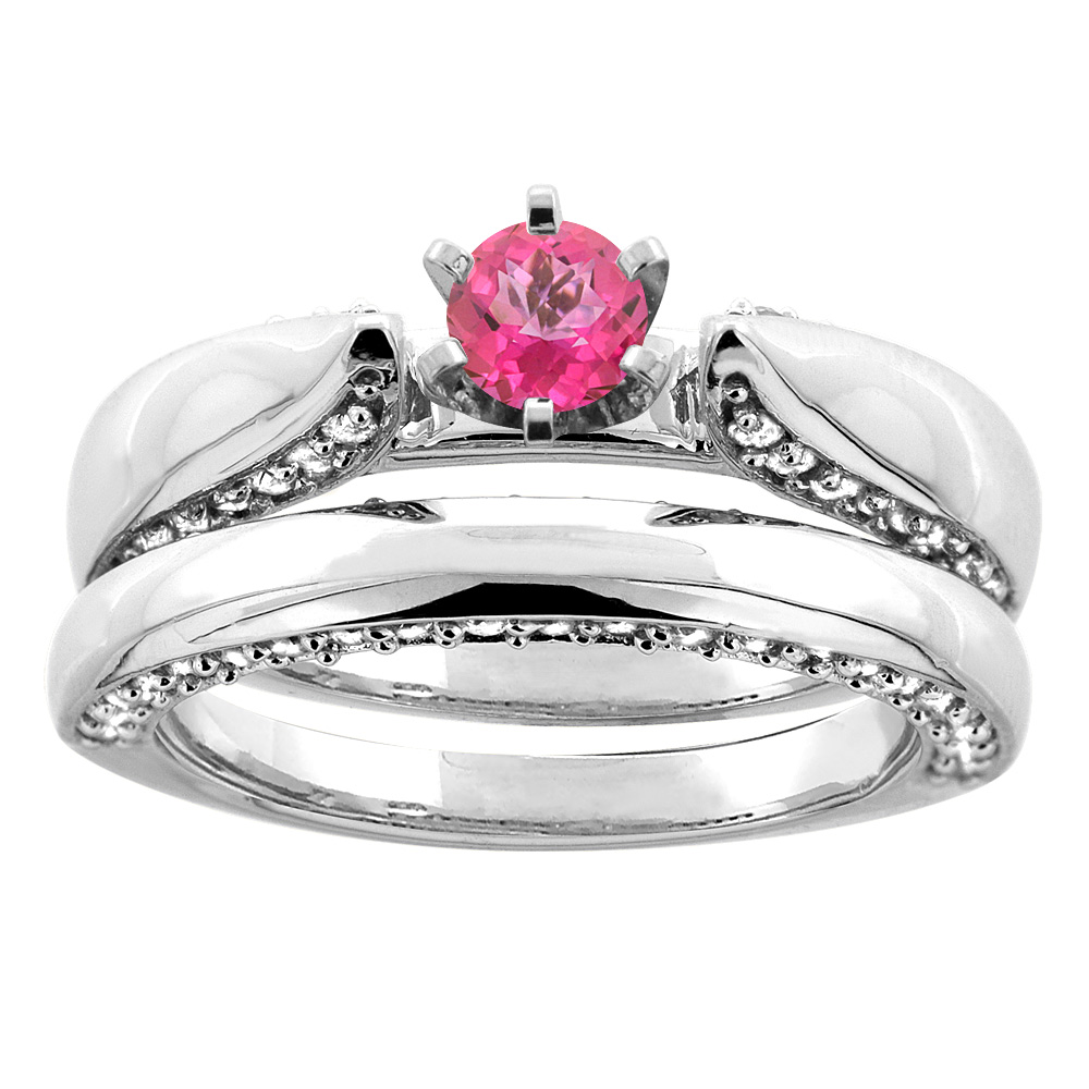 10K Yellow Gold Natural Pink Topaz 2-piece Bridal Ring Set Diamond Accents Round 5mm, sizes 5 - 10