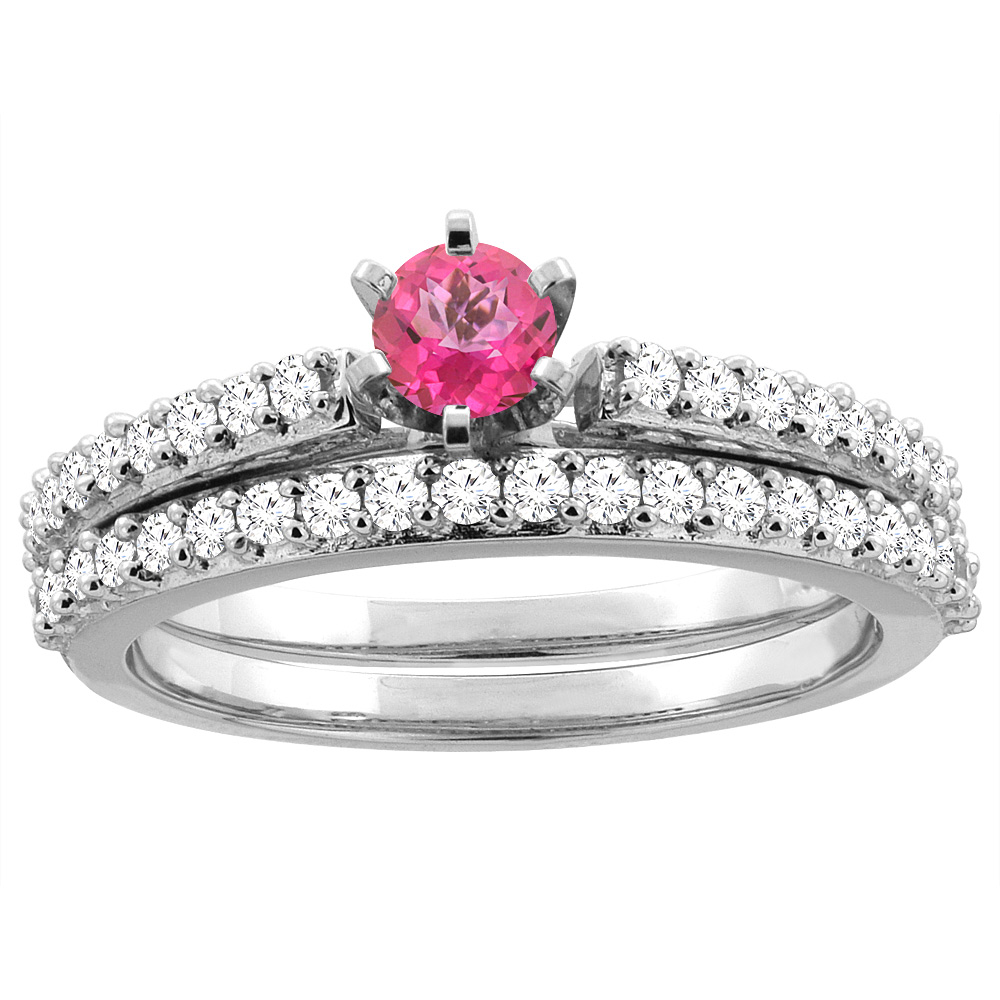 14K Yellow Gold Natural Pink Topaz 2-piece Bridal Ring Set Round 4mm, sizes 5 - 10