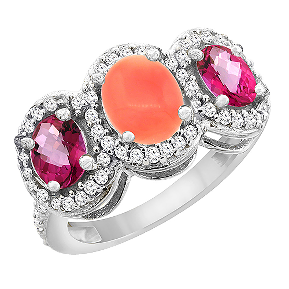 14K White Gold Natural Coral &amp; Pink Topaz 3-Stone Ring Oval Diamond Accent, sizes 5 - 10