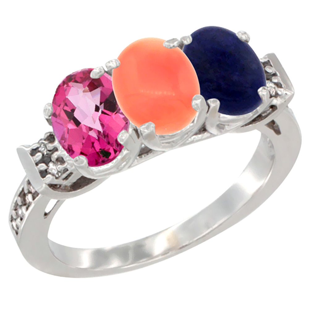 10K White Gold Natural Pink Topaz, Coral & Lapis Ring 3-Stone Oval 7x5 mm Diamond Accent, sizes 5 - 10