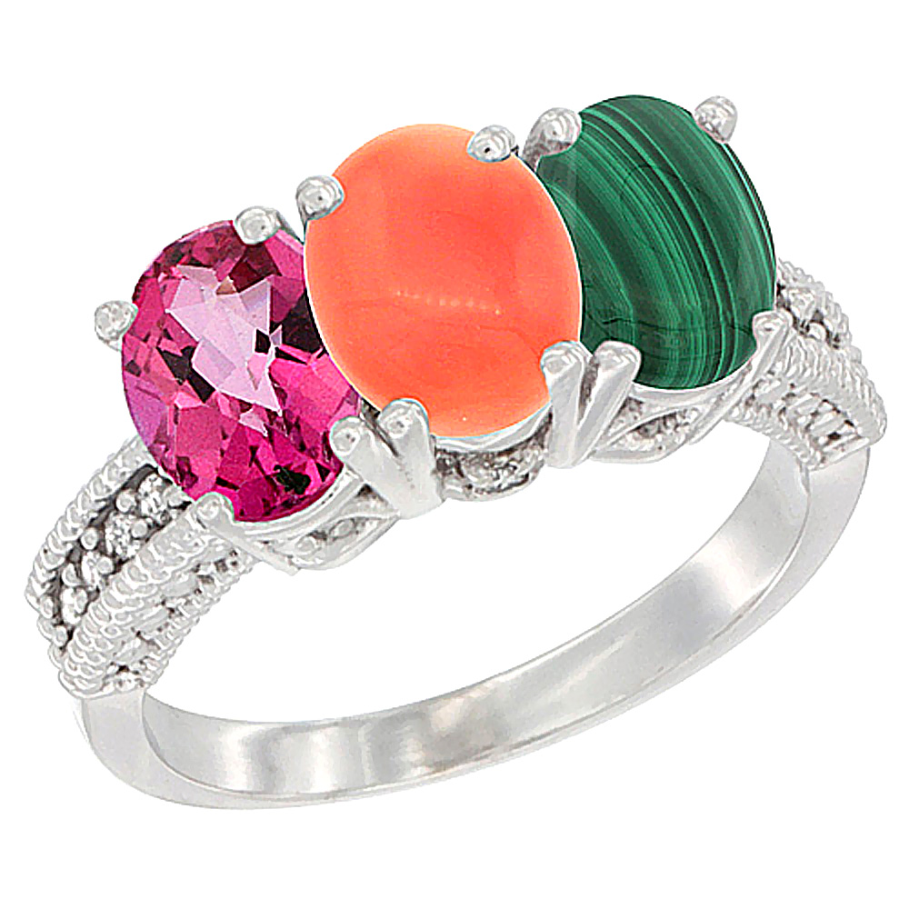 14K White Gold Natural Pink Topaz, Coral & Malachite Ring 3-Stone 7x5 mm Oval Diamond Accent, sizes 5 - 10