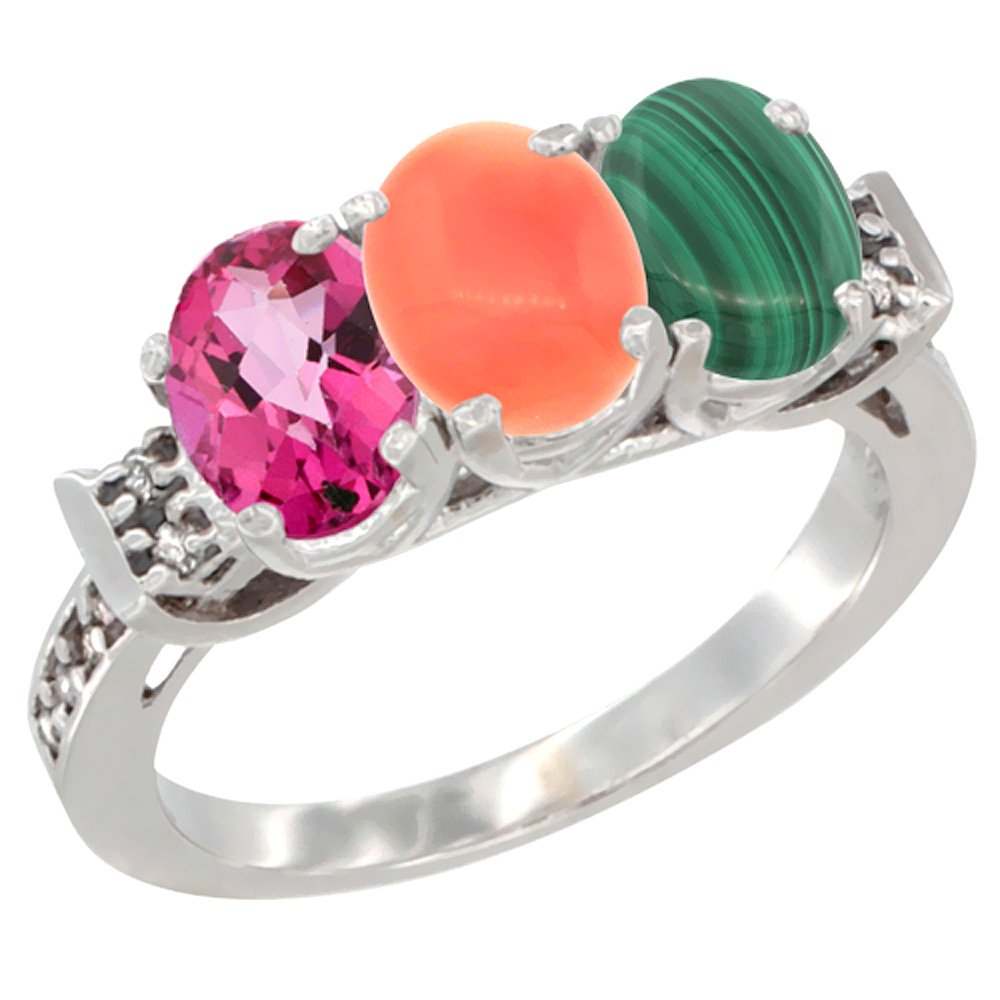 10K White Gold Natural Pink Topaz, Coral & Malachite Ring 3-Stone Oval 7x5 mm Diamond Accent, sizes 5 - 10