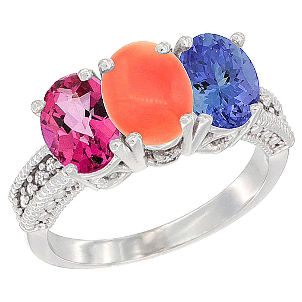 14K White Gold Natural Pink Topaz, Coral &amp; Tanzanite Ring 3-Stone 7x5 mm Oval Diamond Accent, sizes 5 - 10