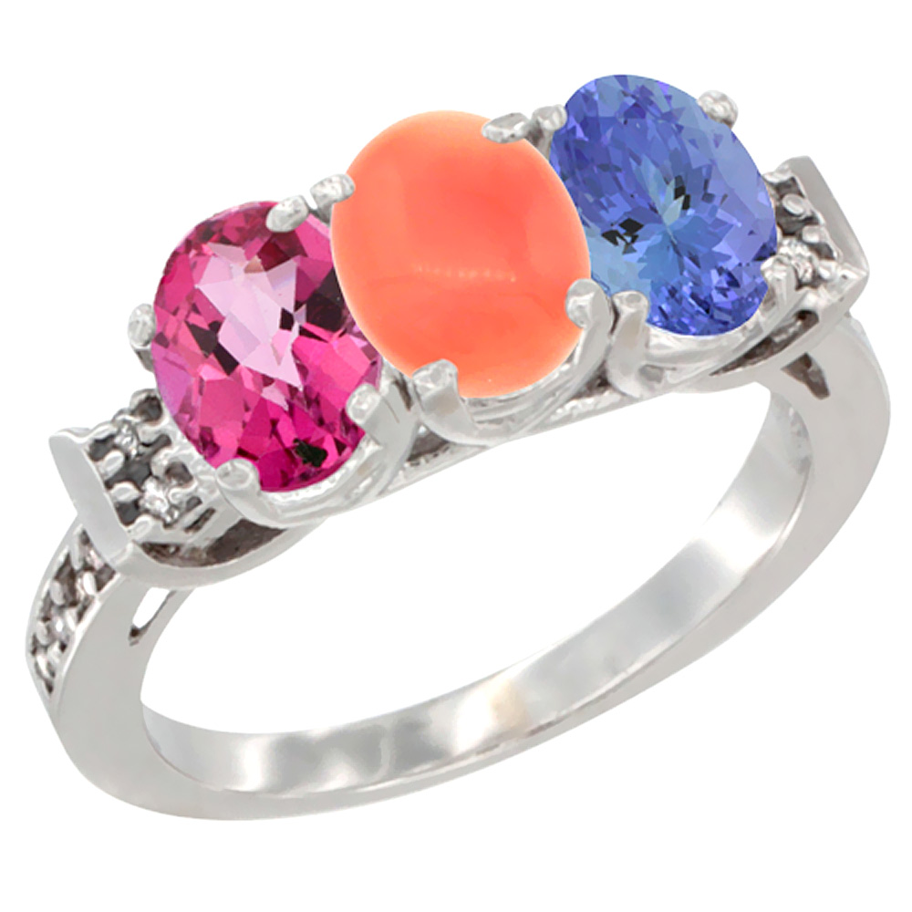14K White Gold Natural Pink Topaz, Coral &amp; Tanzanite Ring 3-Stone Oval 7x5 mm Diamond Accent, sizes 5 - 10