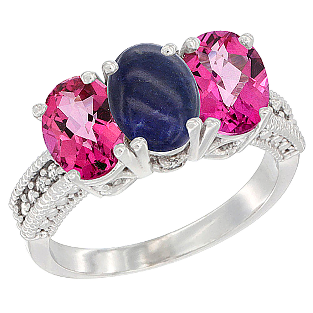 10K White Gold Natural Lapis &amp; Pink Topaz Sides Ring 3-Stone Oval 7x5 mm Diamond Accent, sizes 5 - 10